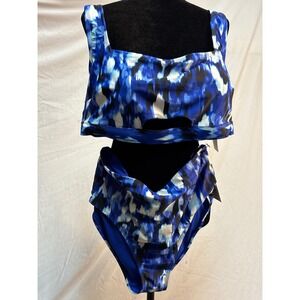 Time and Tru Blue Abstract Ikat High Waist Bikini Set Cutout Top  NEW